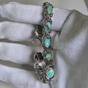 Sterling Natural Turquoise Marcasite X Link Bracelet 925 FAS Thailand Art Deco